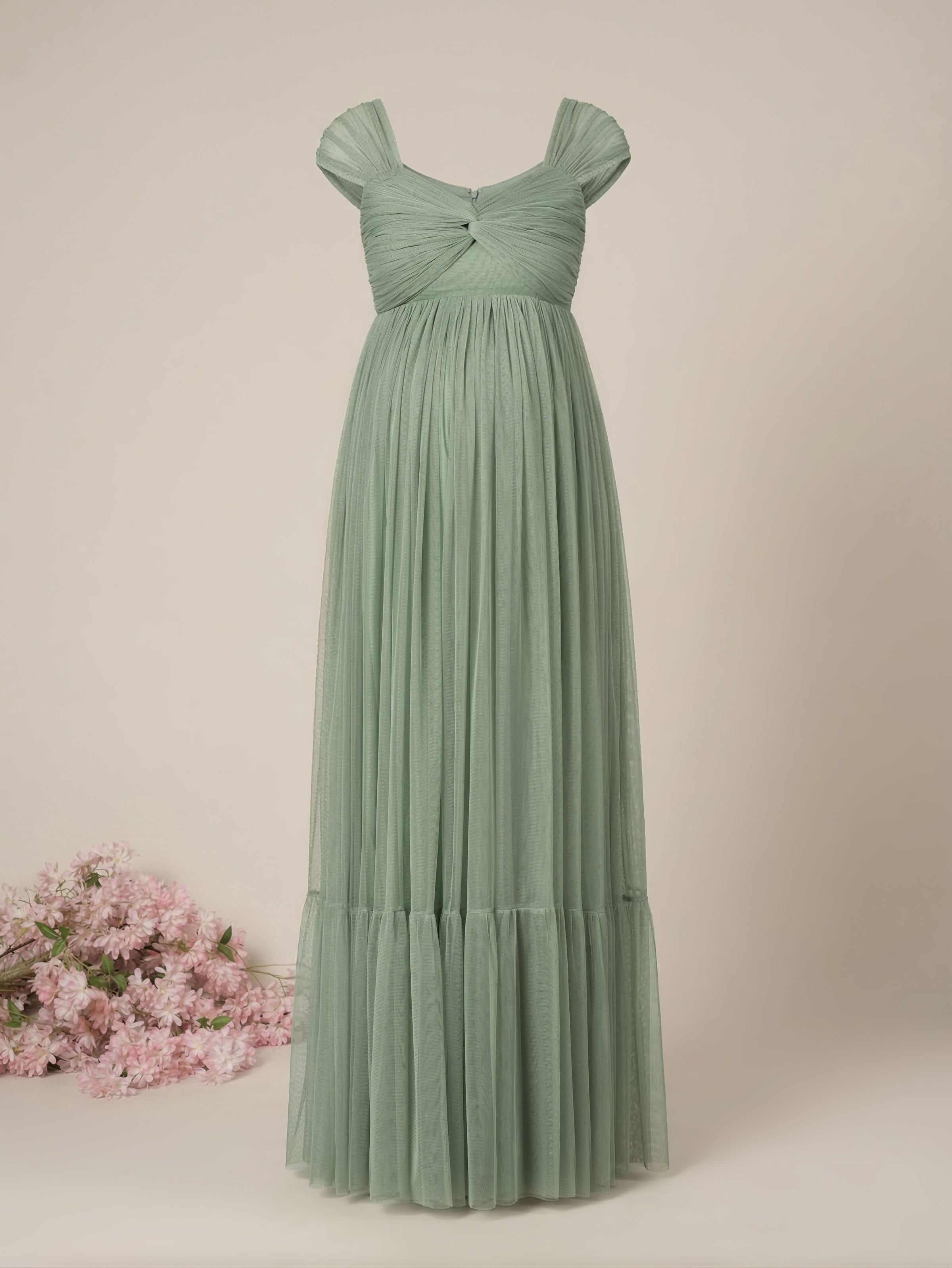 Sage Green Maternity Tulle Cap Sleeve Party Gown Sage Green Maternity Tulle Cap Sleeve Party Gown