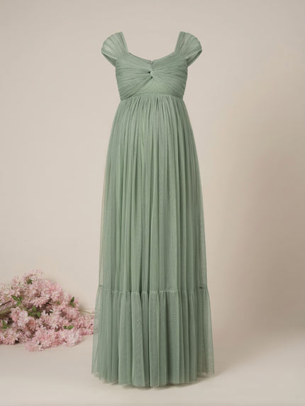 Sage Green Maternity Tulle Cap Sleeve Party Gown
