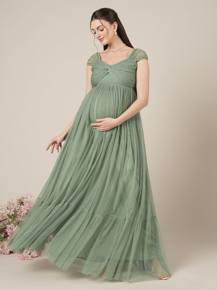 Sage Green Maternity Tulle Cap Sleeve Party Gown