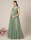 Sage Green Maternity Tulle Cap Sleeve Party Gown
