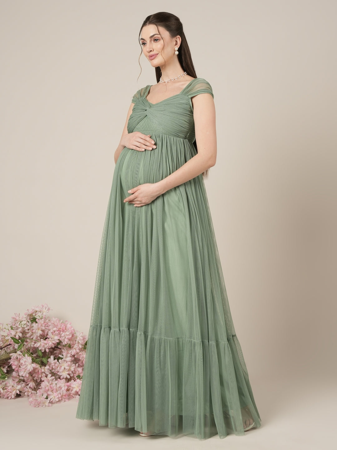 2-in-1 Sage Green Maternity Photoshoot Gown with Detachable Train
