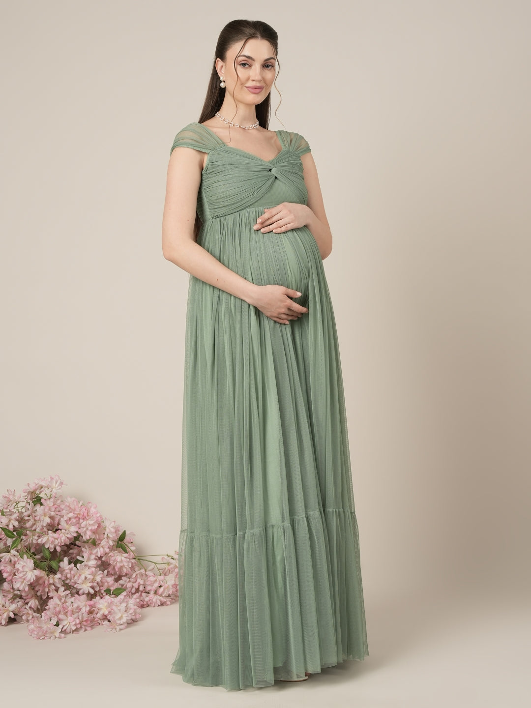 Sage Green Maternity Tulle Cap Sleeve Party Gown Sage Green Maternity Tulle Cap Sleeve Party Gown