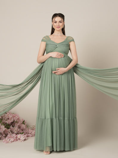 2-in-1 Sage Green Maternity Photoshoot Gown with Detachable Train