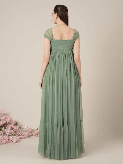 Sage Green Maternity Tulle Cap Sleeve Party Gown