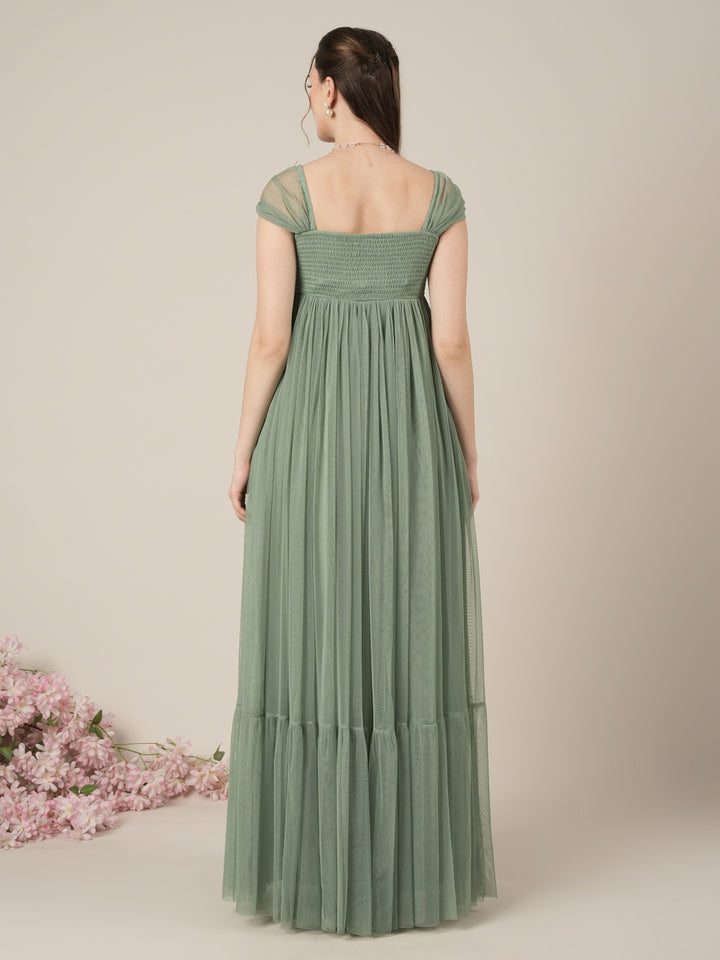 Sage Green Maternity Tulle Cap Sleeve Party Gown