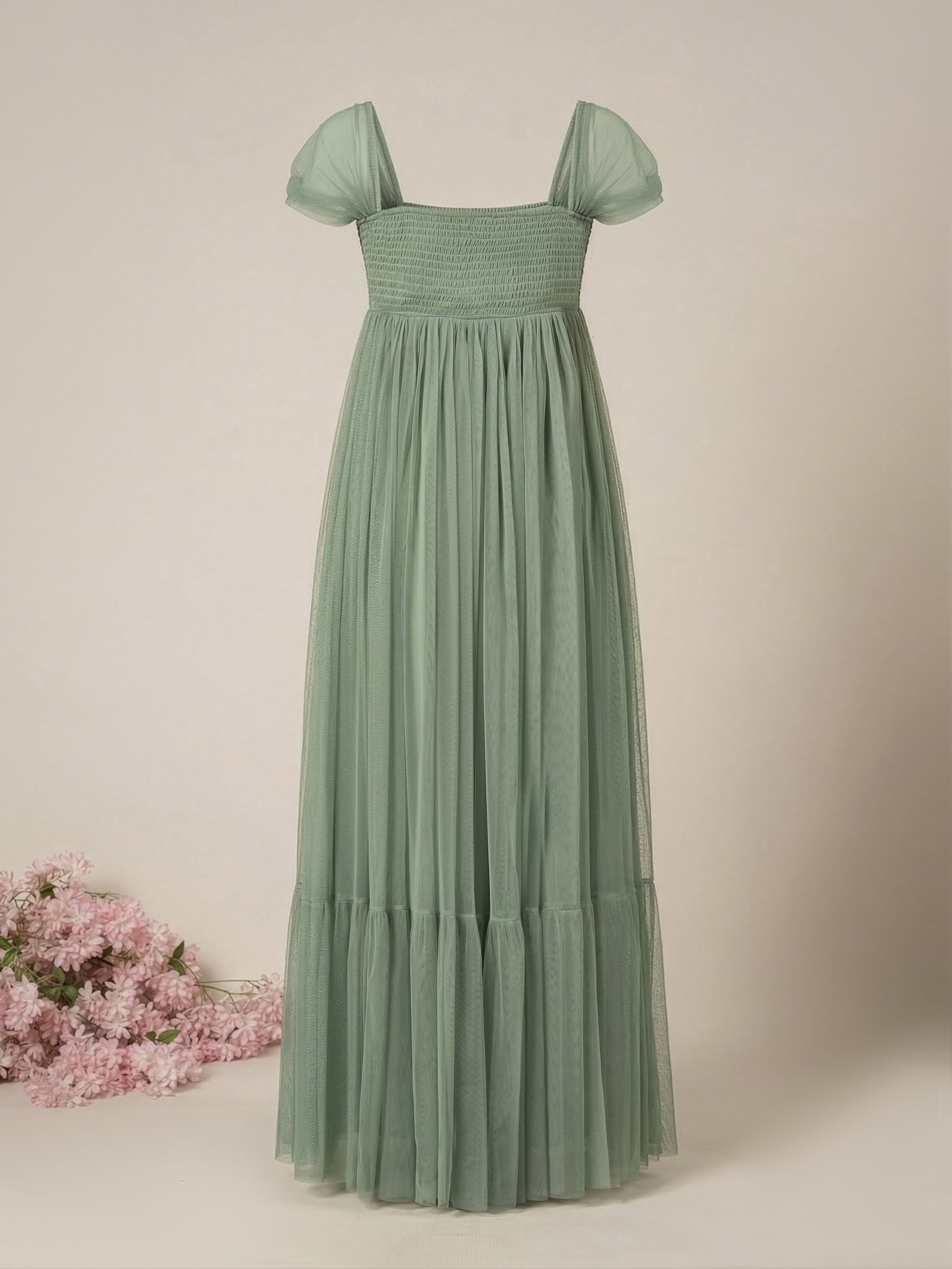 Sage Green Maternity Tulle Cap Sleeve Party Gown Sage Green Maternity Tulle Cap Sleeve Party Gown
