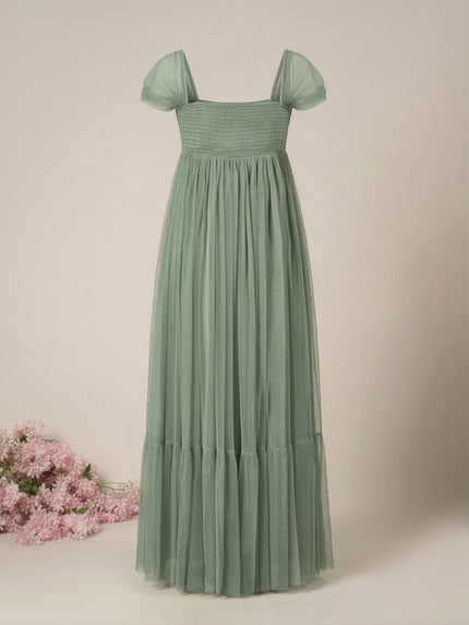 Sage Green Maternity Tulle Cap Sleeve Party Gown