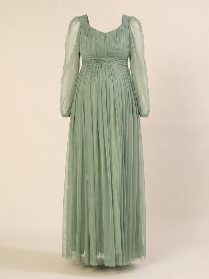 Sage Green Maternity Party Maxi Dress with Long Sleeve