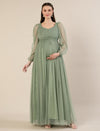 Sage Green Maternity Party Maxi Dress with Long Sleeve