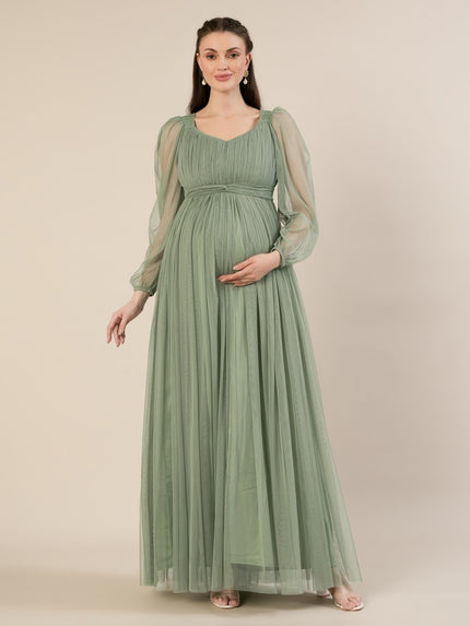 Sage Green Maternity Party Maxi Dress with Long Sleeve