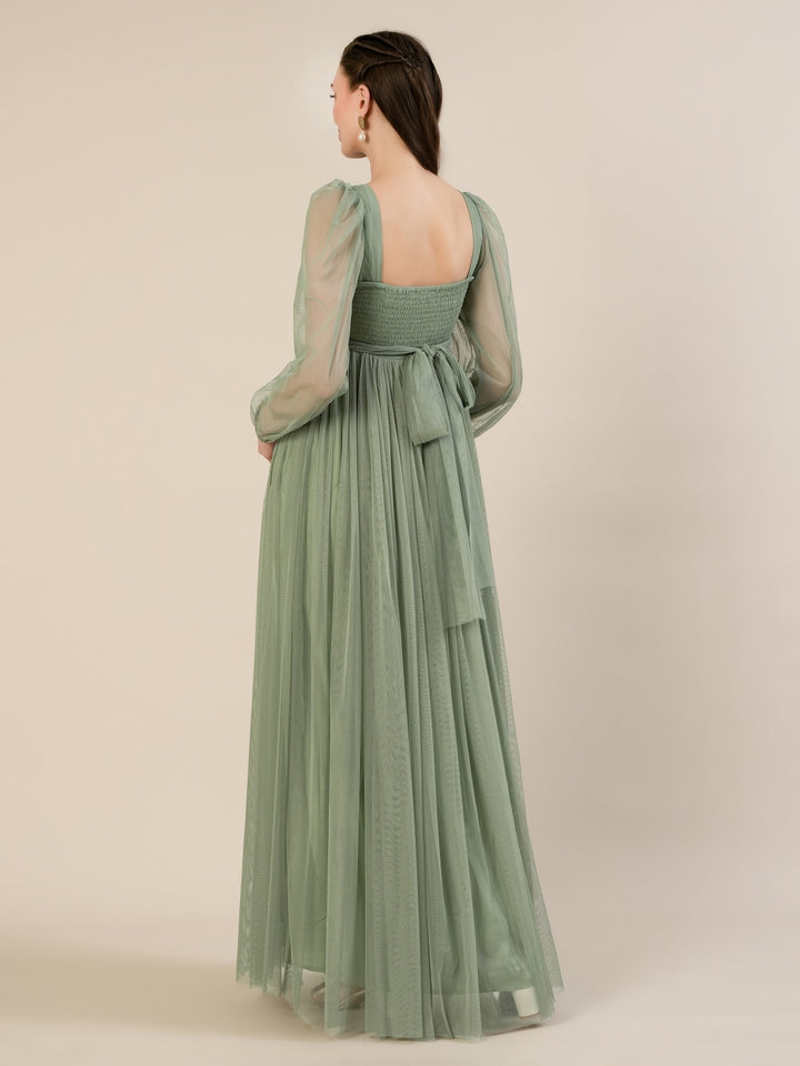 Sage Green Maternity Party Maxi Dress with Long Sleeve