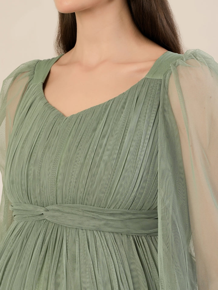 Sage Green Maternity Party Maxi Dress with Long Sleeve