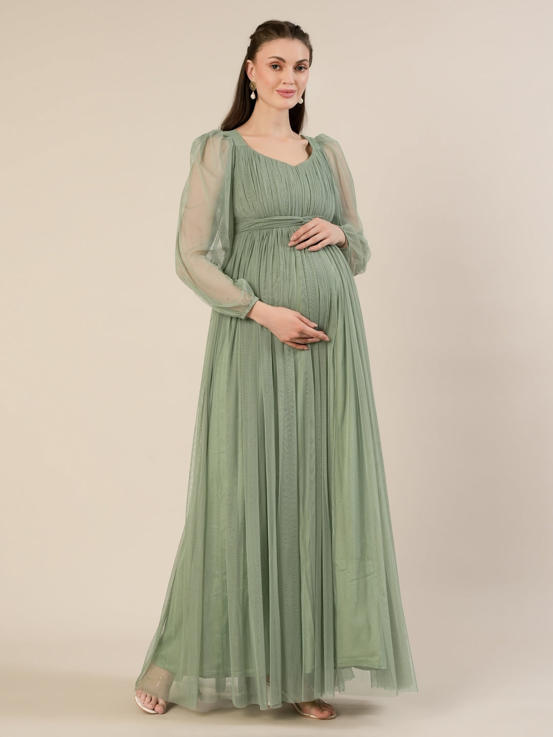 Sage Green Maternity Party Maxi Dress with Long Sleeve