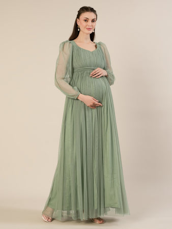 maternity sage green dress Party Maxi with Long Sleeve * Lightweight layered tulle Sleeve Length:34-35 Baby's Christmas Dresses for occasion-Spring Break
