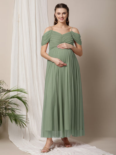 Romantic Tulle Maternity Maxi Dress- Sage Green