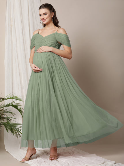 Romantic Tulle Maternity Maxi Dress- Sage Green