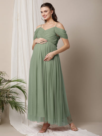Romantic Tulle Maternity Maxi Dress- Sage Green