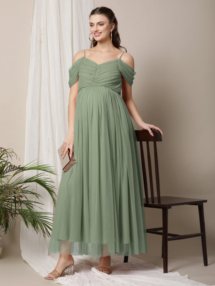 Romantic Tulle Maternity Maxi Dress- Sage Green