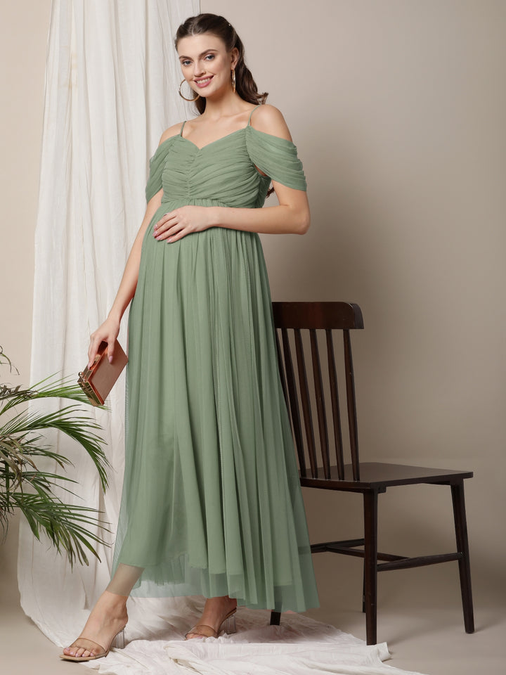 Romantic Tulle Maternity Maxi Dress- Sage Green