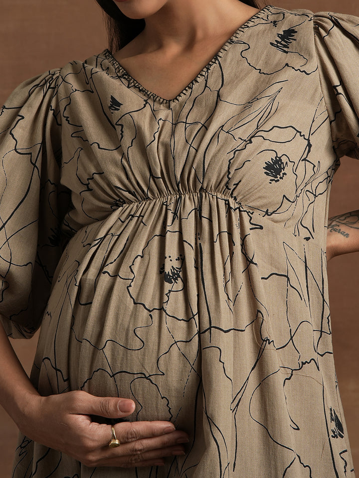 Taupe Floral Maternity Midi Dress