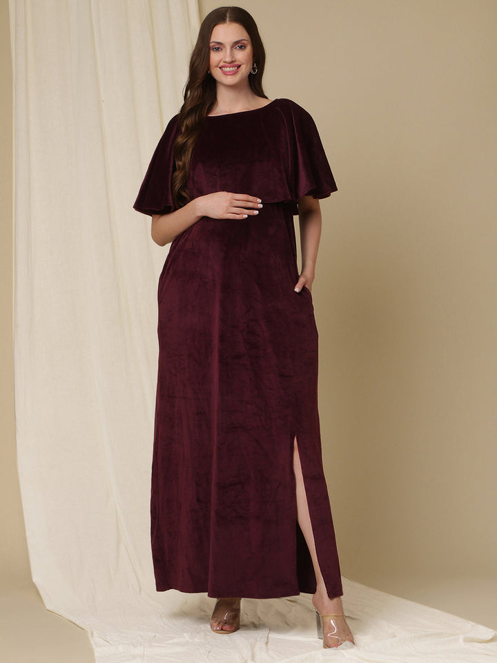 Velvet Pregnancy Dress with Slit- Purple