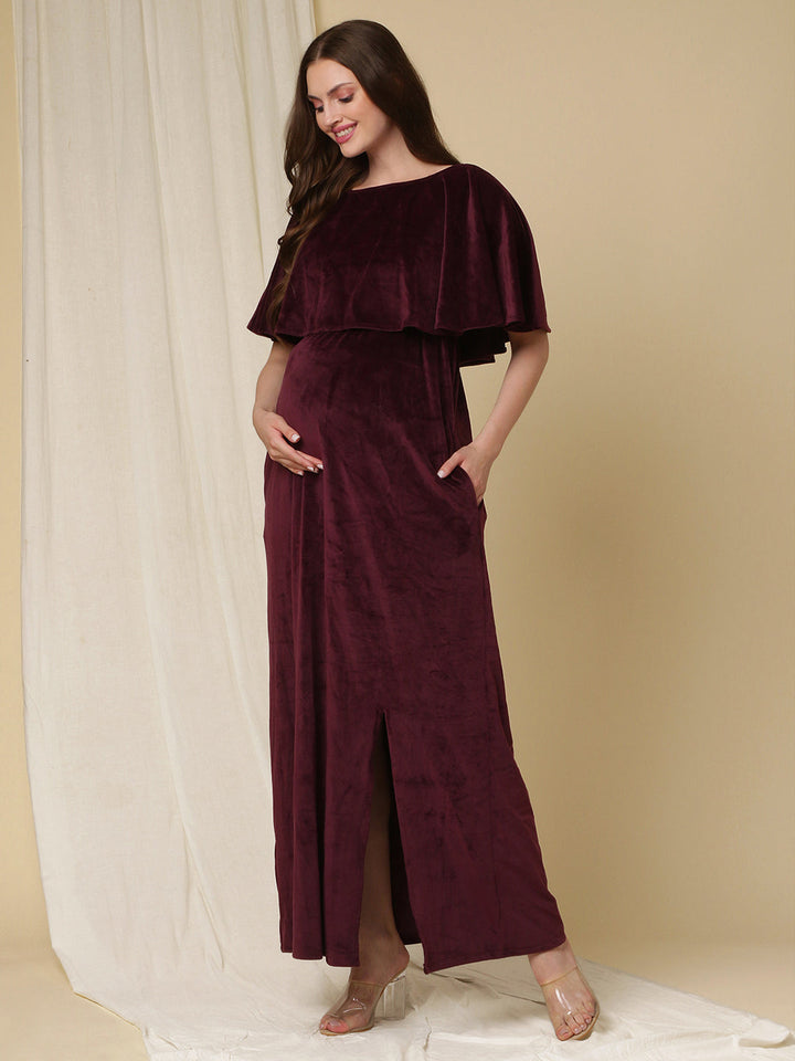 Velvet Pregnancy Dress with Slit- Purple