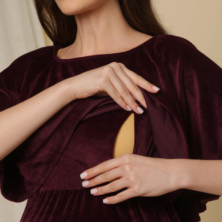 Velvet Pregnancy Dress with Slit- Purple