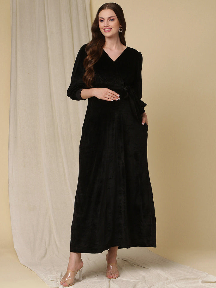 Velvet Maternity Maxi Dress- Black