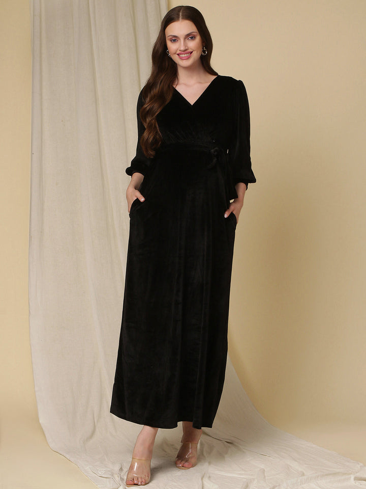 Velvet Maternity Maxi Dress- Black
