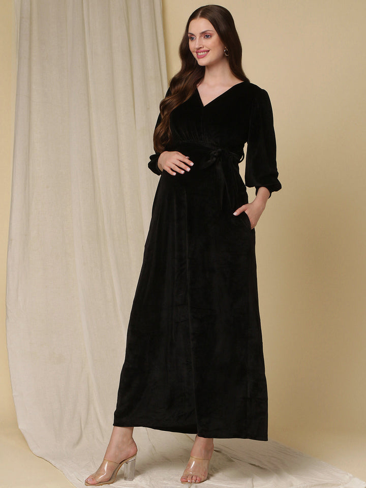 Velvet Maternity Maxi Dress- Black
