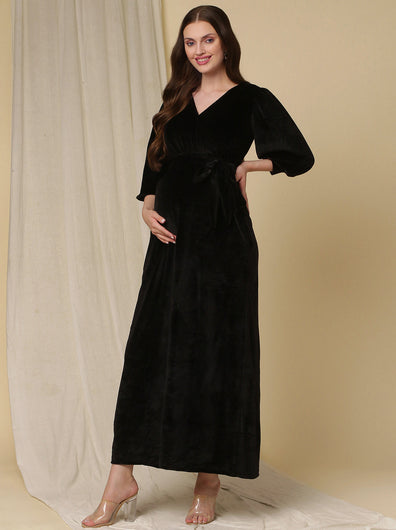 Velvet Maternity Maxi Dress- Black