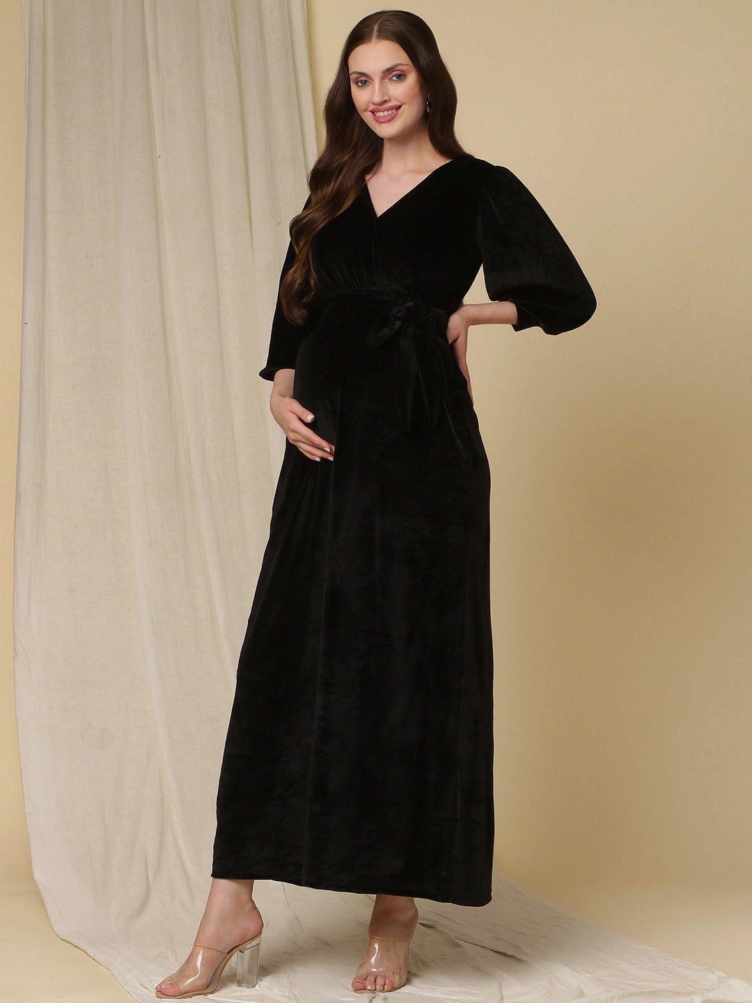 Velvet Maternity Maxi Dress- Black Black XS - Main Image
