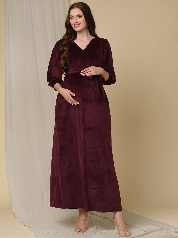 Velvet Maternity Maxi Dress- Purple