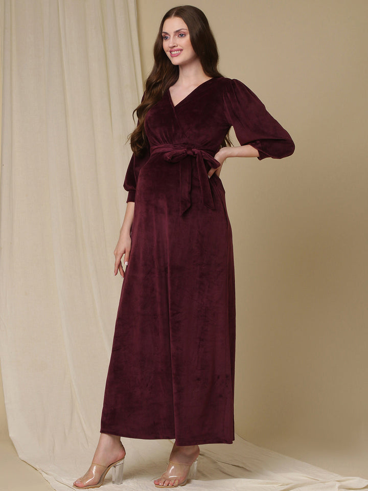 Velvet Maternity Maxi Dress- Purple