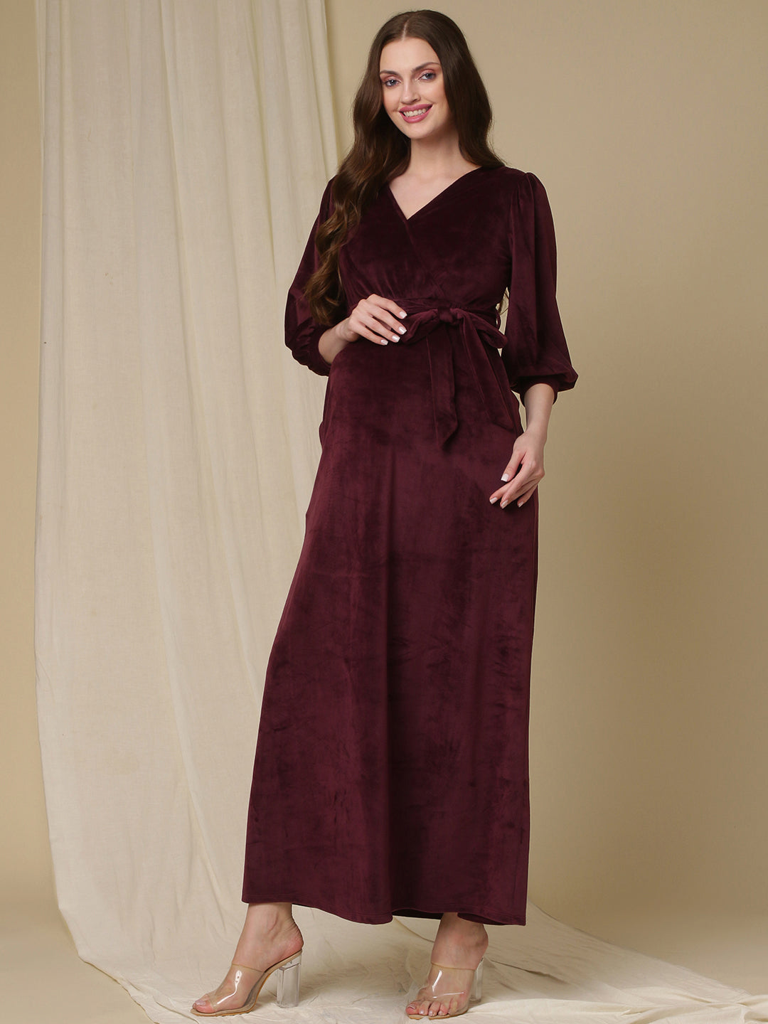 burgundy velvet maternity dress Burgundy Velvet Button Up V-Neck Maternity Dress