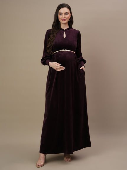 Buy Velvet Maternity Gown with Belt