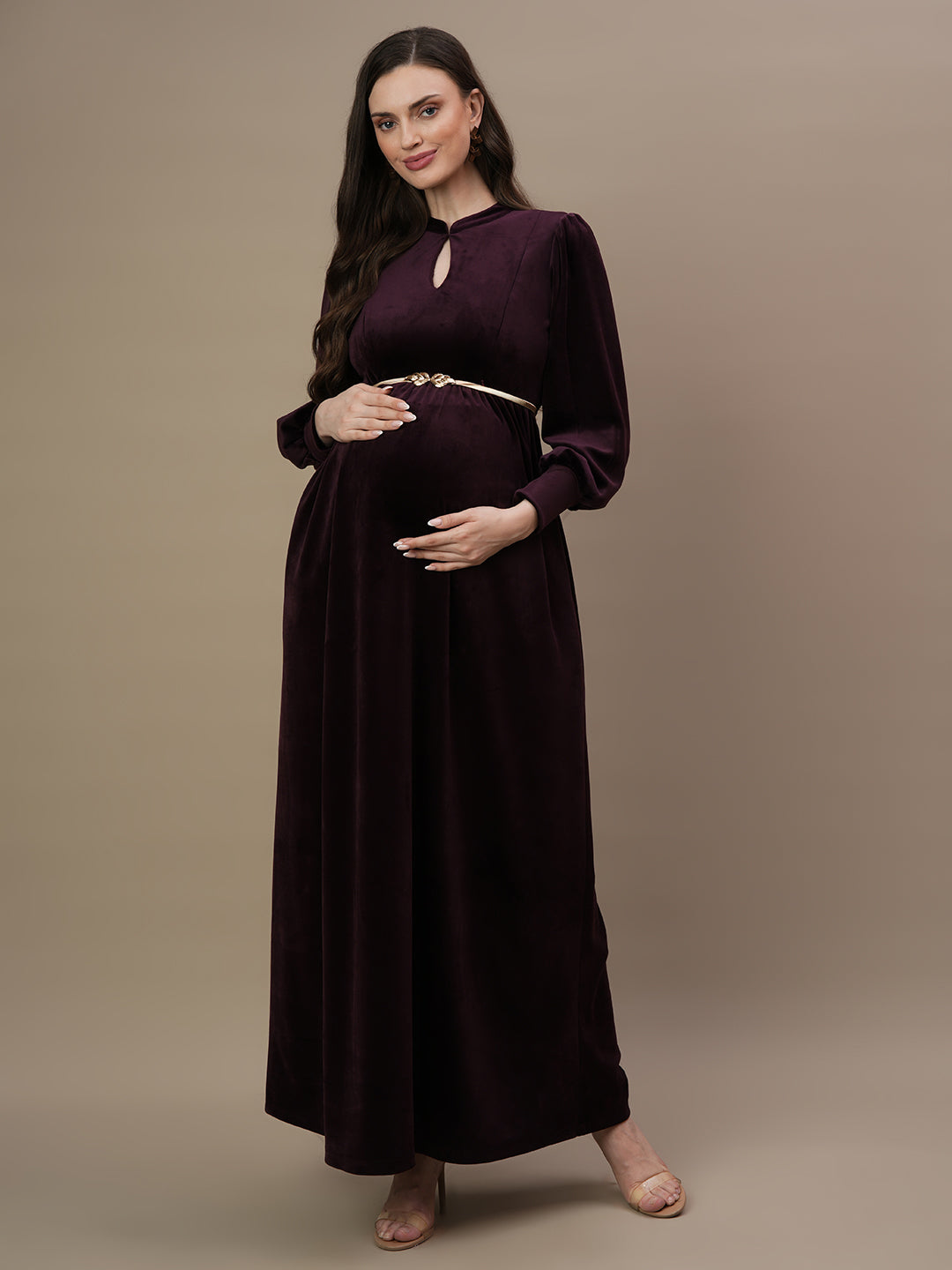 Buy Velvet Maternity Gown with Belt Buy Velvet Maternity Gown with Belt