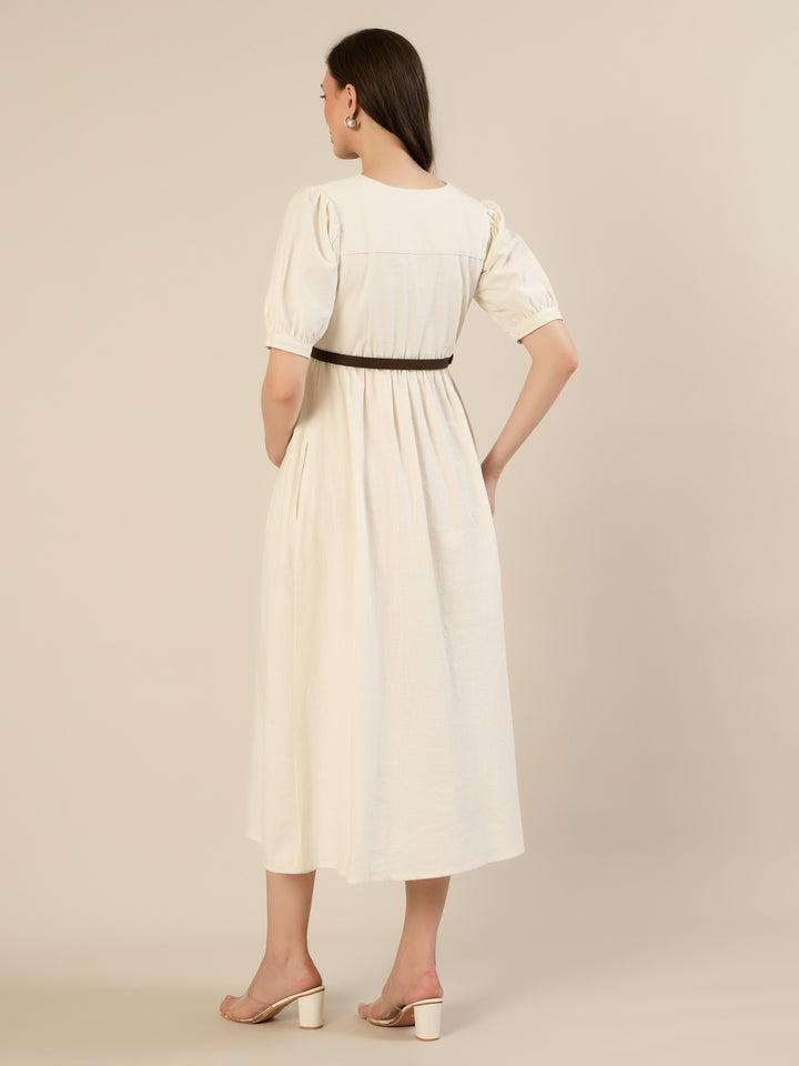 Maternity & Nursing White Cotton Midi Dress with Pockets