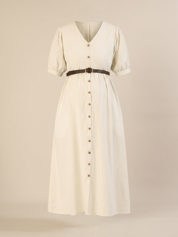 Maternity & Nursing White Cotton Midi Dress with Pockets