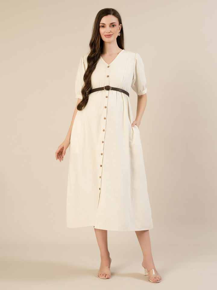 Maternity & Nursing White Cotton Midi Dress with Pockets