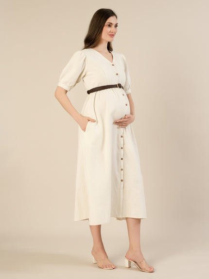 Maternity & Nursing White Cotton Midi Dress with Pockets