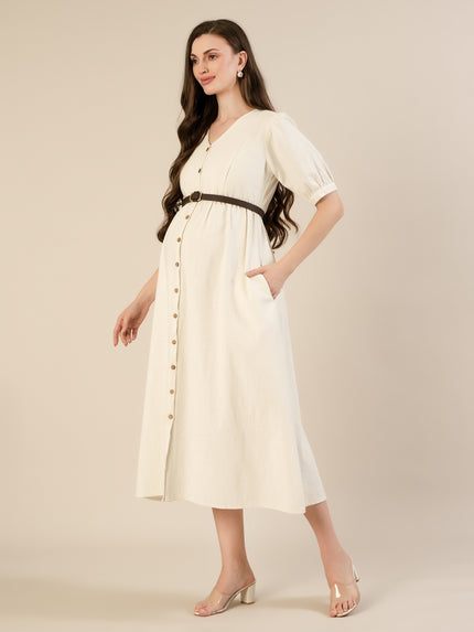 Maternity & Nursing White Cotton Midi Dress with Pockets