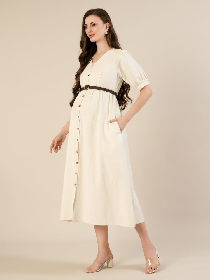 Maternity & Nursing White Cotton Midi Dress with Pockets