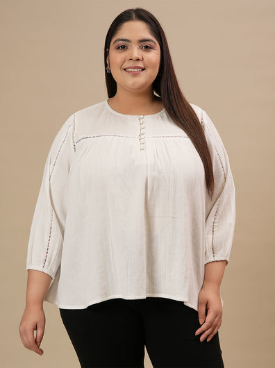 Plus-size woman in front view wearing White Cotton Plus Size Top with full sleeves and soft cotton fabric