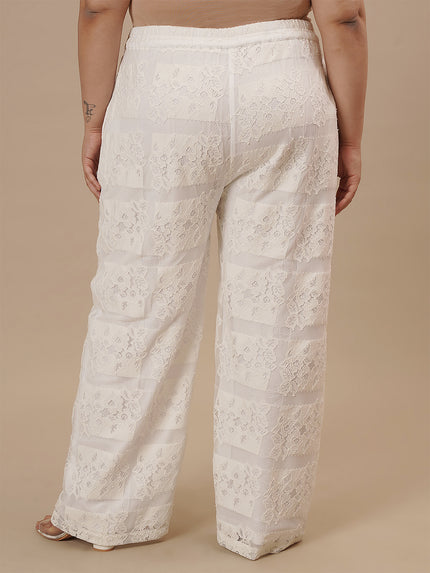 Plus-size woman in back view wearing White Lace Plus Size Co-Ord Set featuring lace fabric and comfortable fit
