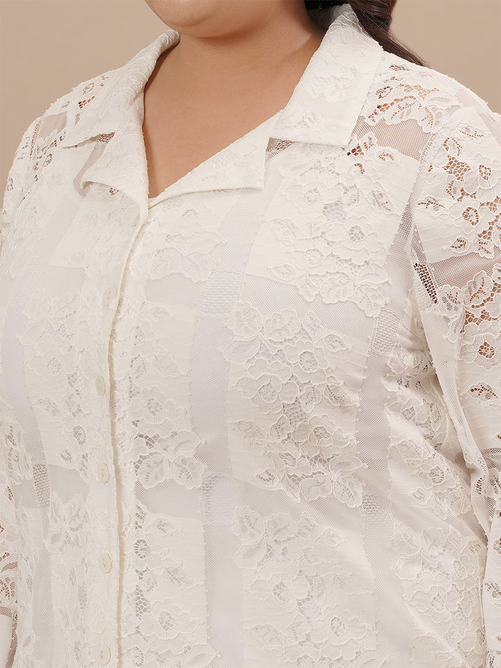 Detailed close-up of White Lace Plus Size Co-Ord Set highlighting lace pattern and fabric texture