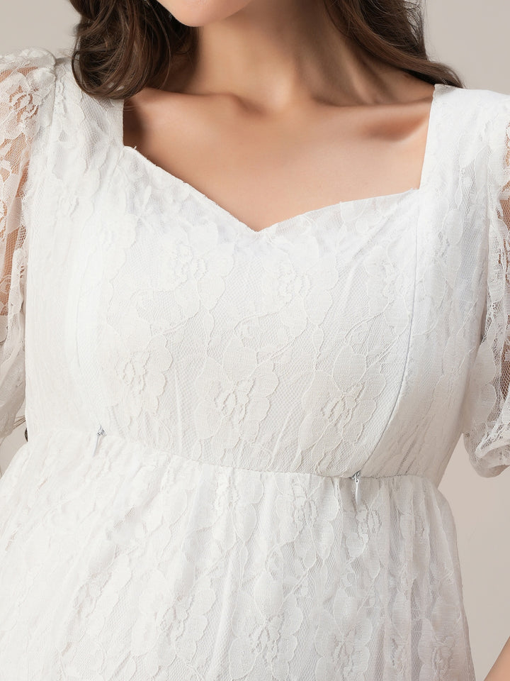 Maternity & Nursing White Lace Sweetheart Midi Dress