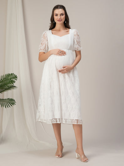 Maternity & Nursing White Lace Sweetheart Midi Dress