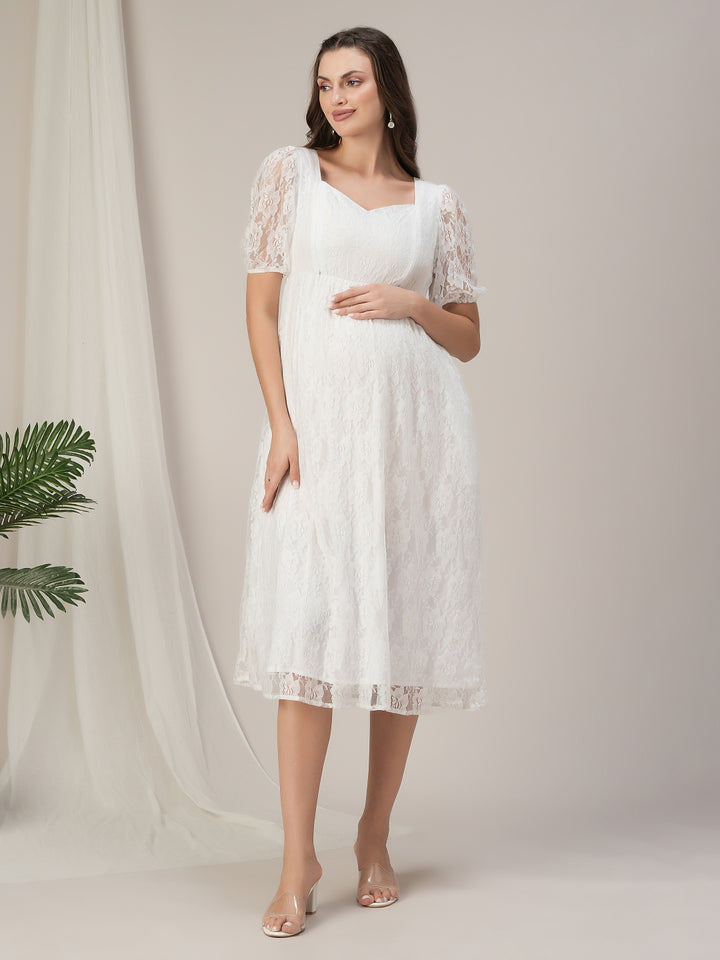 Maternity & Nursing White Lace Sweetheart Midi Dress