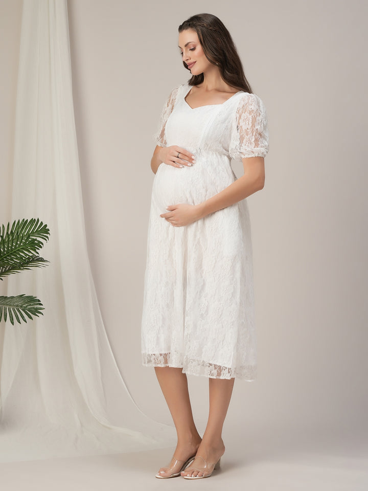 Maternity & Nursing White Lace Sweetheart Midi Dress